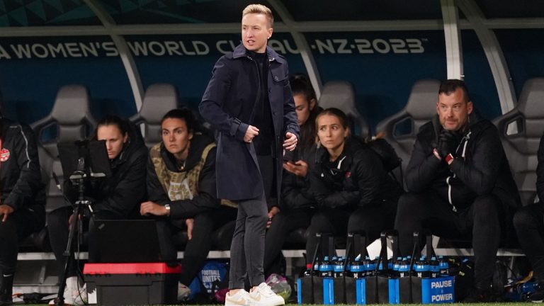 Canada coach Bev Priestman looks on during Group B soccer action against Australia at the FIFA Women's World Cup in Melbourne, Australia, Monday, July 31, 2023. (Scott Barbour/CP)