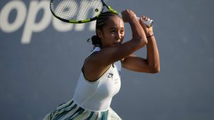 Leylah Fernandez, of Canada, during the first round of the U.S. Open tennis championships, Tuesday, Aug. 27, 2024, in New York. (Pamela Smith/AP)