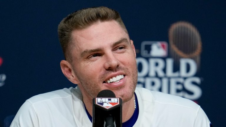 Los Angeles Dodgers' Freddie Freeman speaks during a news conference after his walk-off grand slam home run against the New York Yankees during the 10th inning in Game 1 of the baseball World Series, Friday, Oct. 25, 2024, in Los Angeles. (Ashley Landis/AP Photo)