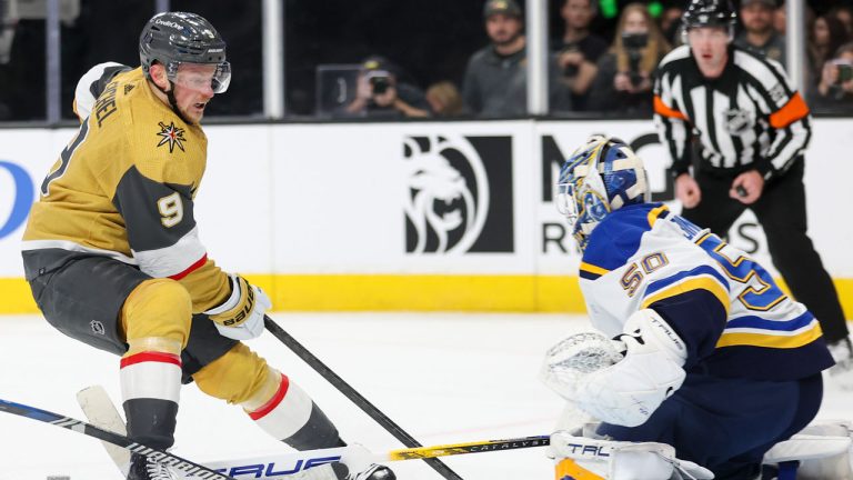 Vegas Golden Knights center Jack Eichel (9) attempts to score past St. Louis Blues goaltender Jordan Binnington (50) during the second period of an NHL hockey game. (Ian Maule/AP)