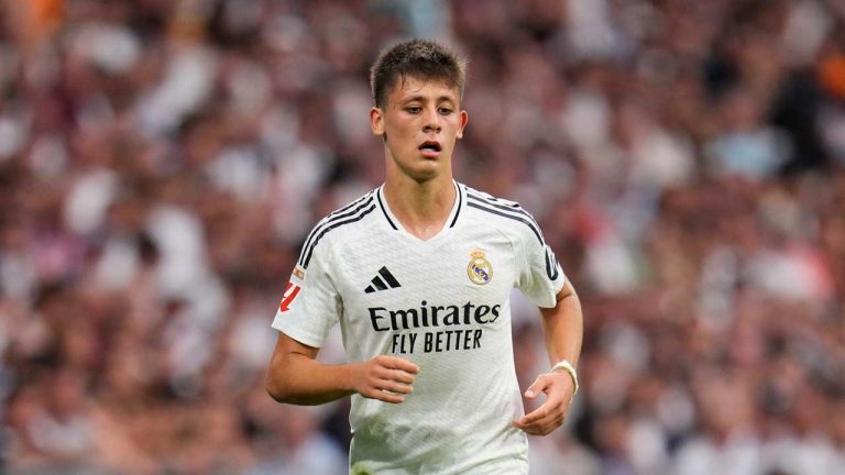 Real Madrid's Arda Guler during the Spanish La Liga soccer match between Real Madrid and Valladolid at the Santiago Bernabeu stadium in Madrid. (Manu Fernandez/AP)