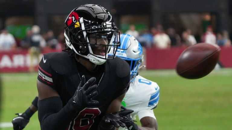 Arizona Cardinals wide receiver Marvin Harrison Jr. (18) catches a pass against the Detroit Lions during the second half of an NFL football game Sunday, Sept. 22, 2024, in Glendale, Ariz. (Rick Scuteri/AP)