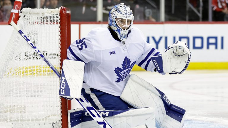Toronto Maple Leafs goaltender Dennis Hildeby (35) defends during the second period of an NHL hockey game against the New Jersey Devils Thursday, Oct. 10, 2024, in Newark, N.J. (Adam Hunger/AP)