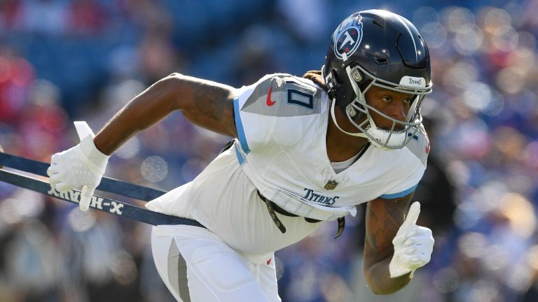 Tennessee Titans wide receiver DeAndre Hopkins (10) warms up before an NFL football game against the Buffalo Bills in Orchard Park, N.Y., Sunday, Oct. 20, 2024. (Adrian Kraus/AP)
