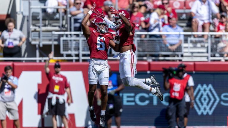Alabama defensive backs Kameron Howard (6) and DeVonta Smith (8) celebrate a defensive stop against South Carolina during the first half of an NCAA college football game, Saturday, Oct. 12, 2024, in Tuscaloosa, Ala. (Vasha Hunt/AP)
