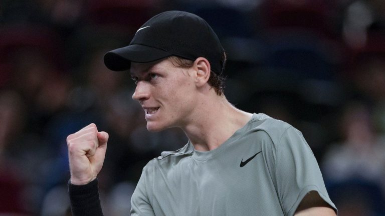 Jannik Sinner of Italy reacts during the men's singles match against Tomas Martin Etcheverry of Argentina in the Shanghai Masters tennis tournament at Qizhong Forest Sports City Tennis Center in Shanghai. (Andy Wong/AP)