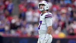 Buffalo Bills quarterback Josh Allen reacts during the second half of an NFL football game against the Houston Texans. (Eric Christian Smith/AP)