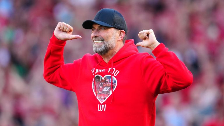 Jurgen Klopp, then with Liverpool, reacts after the English Premier League soccer match between Liverpool and Wolverhampton Wanderers at Anfield Stadium in Liverpool, England, Sunday, May 19, 2024. (Jon Super/AP)
