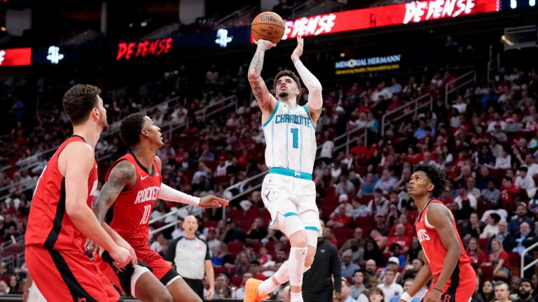 Charlotte Hornets guard LaMelo Ball (1) shoots against the Houston Rockets during the first half of an NBA basketball game Wednesday, Oct. 23, 2024, in Houston. (Eric Christian Smith/AP)