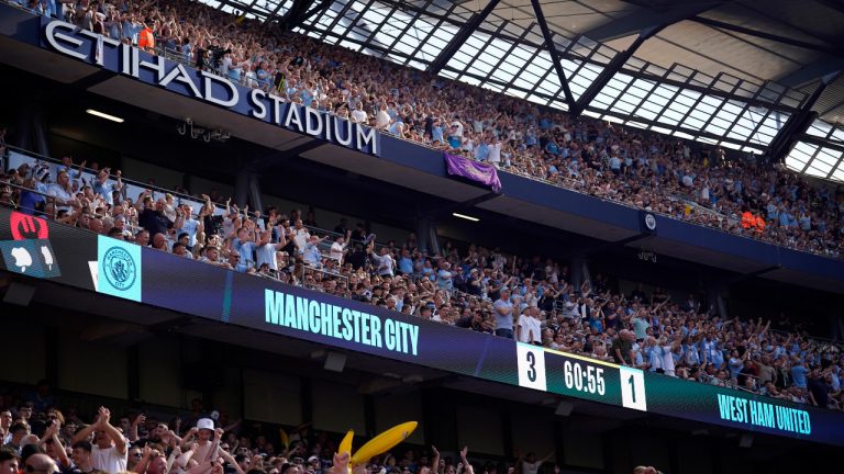 FILE - Manchester City fans celebrate after Manchester City's Rodrigo scores his side's third goal during the English Premier League soccer match between Manchester City and West Ham United at the Etihad Stadium in Manchester, England, Sunday, May 19, 2024. (Dave Thompson/AP)