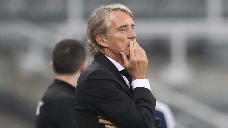 Former Saudi Arabia manager Roberto Mancini watches during an international friendly soccer match between Costa Rica and Saudi Arabia at St. James' Park, Friday, Sept. 8, 2023, in Newcastle, England. (Scott Heppell/AP)