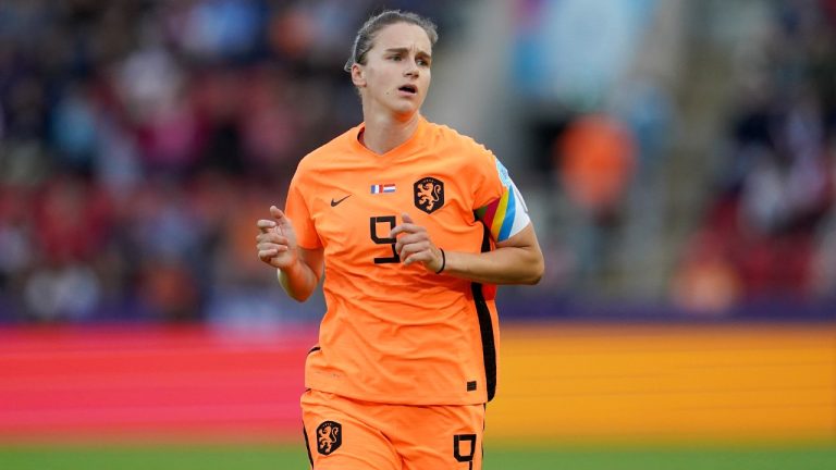 Netherlands' Vivianne Miedema runs during the Women Euro 2022 quarterfinals soccer match between France and the Netherlands at the New York Stadium in Rotherham, England, Saturday, July 23, 2022. (Jon Super/AP)