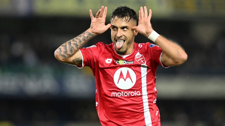 AC Monza's Dany Mota celebrates scoring during the Serie A soccer match between Verona and Monza at the Marcantonio Bentegodi Stadium in Verona, Italy, Monday, Oct. 21, 2024. (Studio Buzzi/LaPresse via AP)