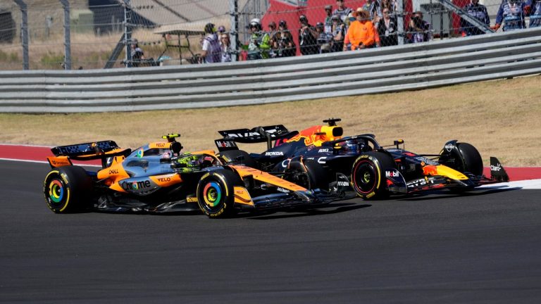McLaren driver Lando Norris, left, of Britain, and Red Bull driver Max Verstappen, right, of the Netherlands, race through a turn during the U.S. Grand Prix auto race at Circuit of the Americas, Sunday, Oct. 20, 2024, in Austin, Texas. (Eric Gay/AP)