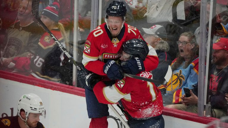 Florida Panthers left wing Jonah Gadjovich (12) celebrates a goal with center Jesper Boqvist (70) against the Boston Bruins during the second period of an NHL hockey game. (Jim Rassol/AP)