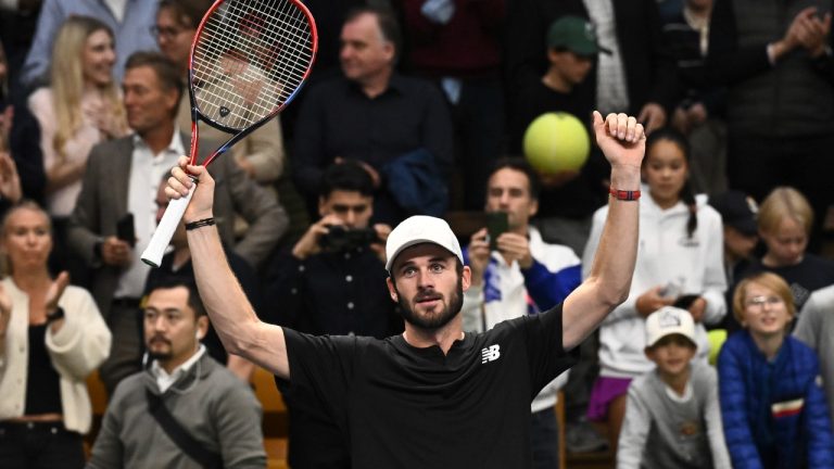 Tommy Paul of the U.S. celebrates winning the men's singles final Nordic Open ATP tennis match against Grigor Dimitrov of Bulgaria, at the Royal Tennis Hall, in Stockholm, Sweden, Sunday, Oct. 20, 2024. (Claudio Bresciani /TT News Agency via AP)