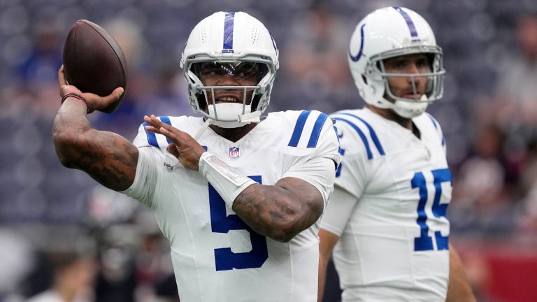 Indianapolis Colts quarterbacks Anthony Richardson (5) and Joe Flacco (15) warm up before an NFL football game against the Houston Texans, Sunday, Oct. 27, 2024, in Houston. (Tony Gutierrez/AP)