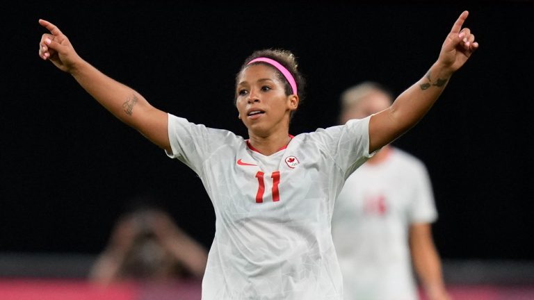 Canada's Desiree Scott celebrates at the end of a women's soccer match against Chile at the 2020 Summer Olympics, Saturday, July 24, 2021, in Sapporo, Japan. Canada won 2-1. (Silvia Izquierdo/AP)
