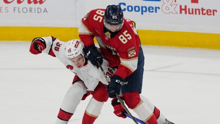 Florida Panthers forward Hunter St. Martin (85), Carolina Hurricanes left wing Bradly Nadeau (29) and right wing Felix Unger Sorum (36) go after the puck during the third period of a preseason NHL hockey game, Saturday, Sept. 28, 2024, in Sunrise, Fla. (Marta Lavandier/AP)