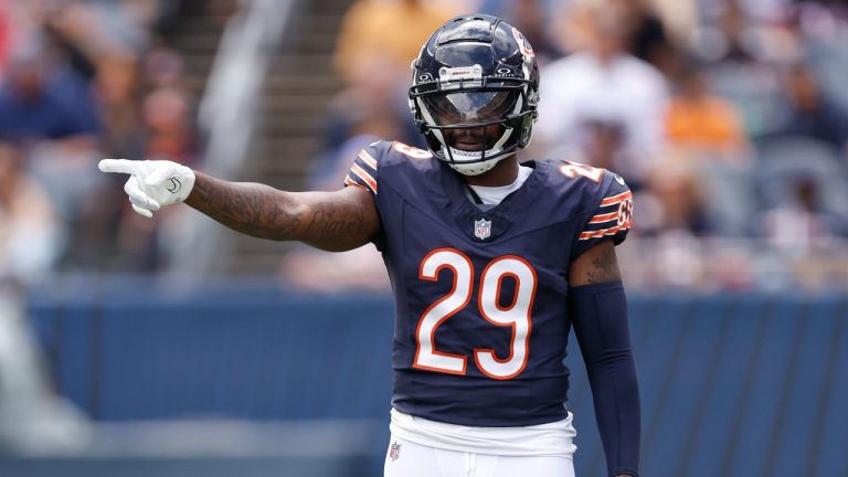 Chicago Bears cornerback Tyrique Stevenson (29) signals during the first half of an NFL pre-season football game against the Cincinnati Bengals, Saturday, Aug. 17, 2024, in Chicago. (Kamil Krzaczynski/AP)