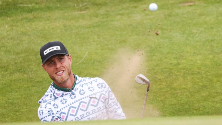 Jesper Svensson of Sweden plays from a bunker on the eighth hole during a practice round ahead of the British Open Golf Championships at Royal Troon golf club in Troon, Scotland, Wednesday, July 17, 2024. (Peter Morrison/AP)