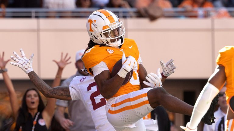 Tennessee defensive back Jermod McCoy (3) intercepts a pass in the end zone during the first half of an NCAA college football game against Alabama, Saturday, Oct. 19, 2024, in Knoxville, Tenn. (Wade Payne/AP Photo)