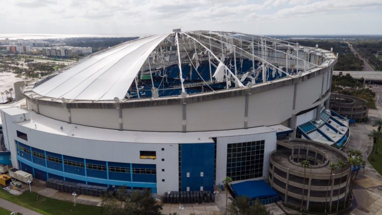 The roof of the Tropicana Field is seen damaged the morning after Hurricane Milton hit the region, Thursday, Oct. 10, 2024, in St. Petersburg, Fla. (Julio Cortez/AP Photo)