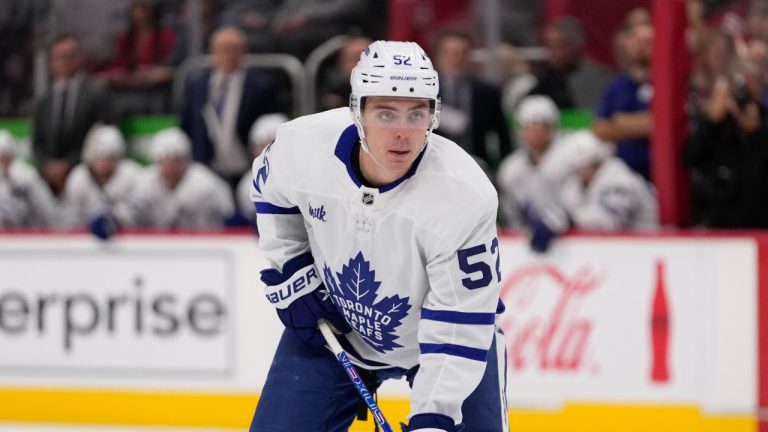 Toronto Maple Leafs defenceman Cade Webber (52) plays against the Detroit Red Wings in the first period of an preseason NHL hockey game Thursday, Oct. 3, 2024, in Detroit. (Paul Sancya/AP Photo)
