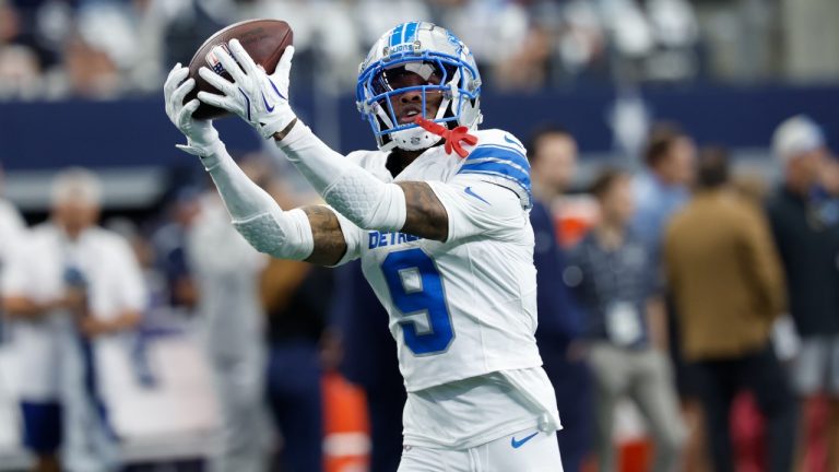 Detroit Lions wide receiver Jameson Williams (9) during pregame warmups before an NFL football game against the Dallas Cowboys on Sunday, Oct. 13, 2024, in Arlington, Texas. (Matt Patterson/AP)