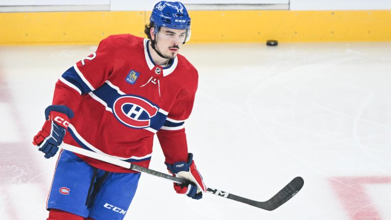 Montreal Canadiens' Arber Xhekaj warms up prior to an NHL hockey game against the Tampa Bay Lightning in Montreal, Thursday, April 4, 2024. (Graham Hughes/CP)