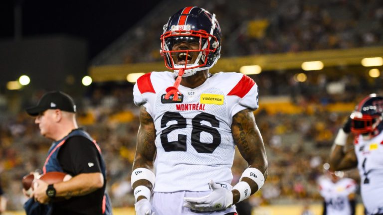 Montreal Alouettes linebacker Tyrice Beverette (26) celebrates during second half CFL football game action against the Hamilton Tiger-Cats, in Hamilton, Ont., Friday, Aug. 2, 2024. (Christopher Katsarov/CP)