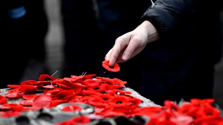 A person lays a poppy on the Tomb of the Unknown Soldier, after the National Remembrance Day Ceremony at the National War Memorial in Ottawa, on Saturday, Nov. 11, 2023. (Justin Tang/CP)