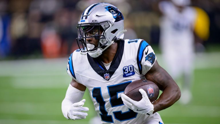 Carolina Panthers wide receiver Jonathan Mingo (15) runs during an NFL football game against the New Orleans Saints in New Orleans, Sunday, Sept. 8, 2024. (Matthew Hinton/AP) 