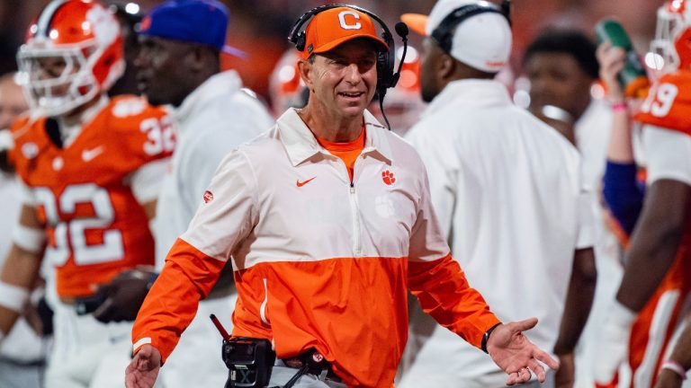 Clemson head coach Dabo Swinney looks on during an NCAA football game against Louisville Saturday, Nov. 2, 2024, in Clemson, S.C. (AP)