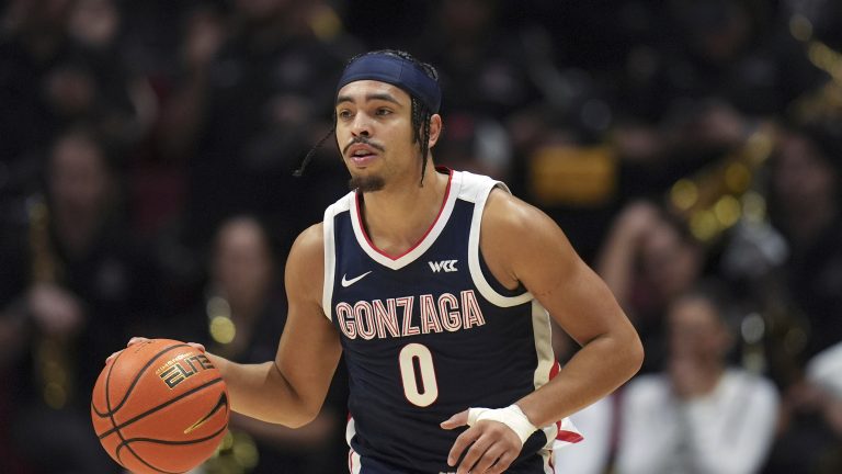 Gonzaga guard Ryan Nembhard during the first half of an NCAA college basketball game against San Diego State Monday, Nov. 18, 2024, in San Diego. (AP Photo/Gregory Bull)