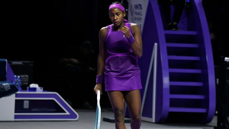 Coco Gauff of the U.S. celebrates a point against China's Qinwen Zheng during their women's singles final match of the WTA finals at the King Saud University Indoor Arena, in Riyadh, Saudi Arabia, Saturday, Nov. 9, 2024. (AP Photo)