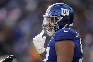 New York Giants defensive tackle Dexter Lawrence II (97) reacts during an NFL football game. (Adam Hunger/AP)