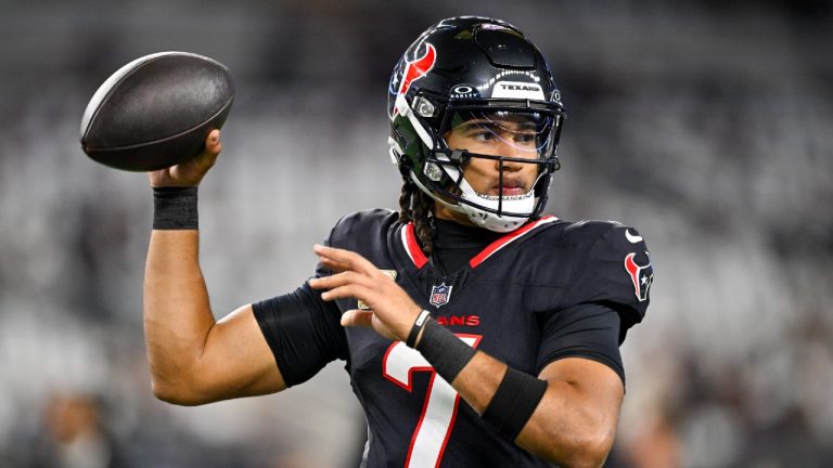 Houston Texans quarterback C.J. Stroud works out prior to an NFL football game against the Dallas Cowboys, Monday, Nov. 18, 2024, in Arlington. (Jerome Miron/AP)