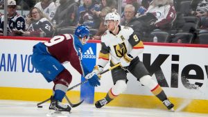 Vegas Golden Knights centre Jack Eichel (9) and Colorado Avalanche centre Nathan MacKinnon (29) in the second period of an NHL hockey game Wednesday, Jan. 10, 2024, in Denver. (David Zalubowski/AP)