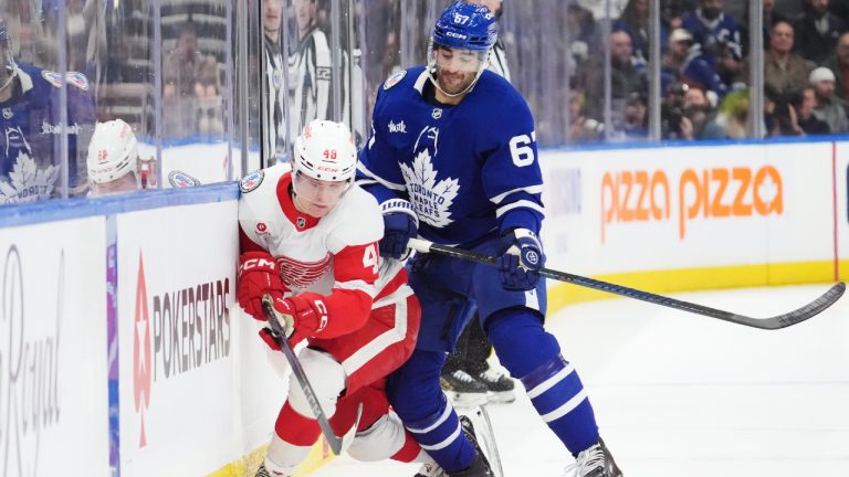 Toronto Maple Leafs' Max Pacioretty (67) checks Detroit Red Wings' Jonatan Berggren (48) during first period NHL hockey action in Toronto on Friday, November 8, 2024. (Frank Gunn/CP)