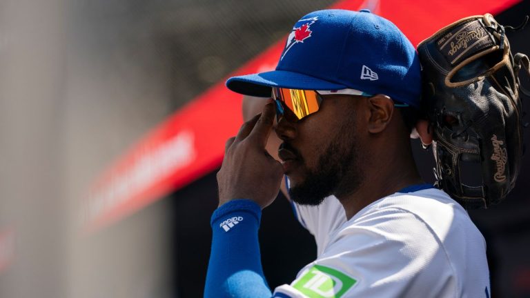 Toronto Blue Jays third base Luis De Los Santos (20) takes a moment between innings against the St. Louis Cardinals during interleague MLB baseball action in Toronto, on Sunday September 15, 2024. (Paige Taylor White/CP Photo)