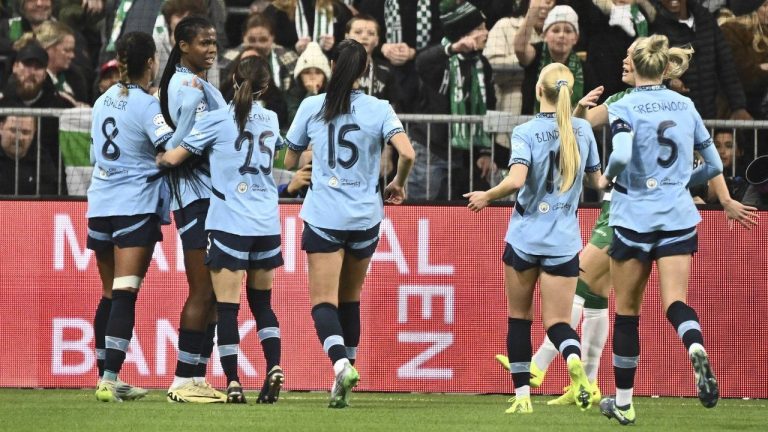 Manchester City's Manchester Khadija Shaw, second left, celebrates scoring during the women's Champions League soccer match between Hammarby IF and Manchester City at Tele2 Arena, Stockholm, Sweden, Thursday Nov. 21, 2024. (Claudio Bresciani/TT via AP)