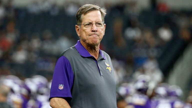 FILE - In this Aug. 29, 2015, file photo, Minnesota Vikings offensive coordinator Norv Turner watches the team warm up before a preseason NFL football game against the Dallas Cowboys. (AP Photo/Tony Gutierrez, File)