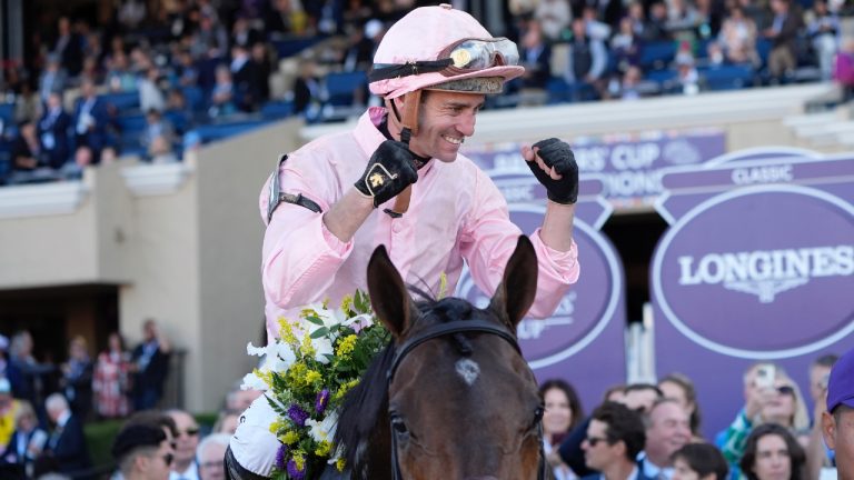Flavien Prat celebrates after riding Sierra Leone to victory in the Breeders' Cup Classic horse race in Del Mar, Calif., Saturday, Nov. 2, 2024. (Gregory Bull/AP)