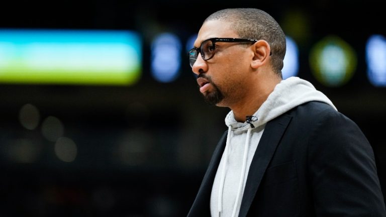 FILE - Las Vegas Aces interim head coach Tyler Marsh looks on during the second half of a WNBA basketball game against the Seattle Storm, May 20, 2023, in Seattle. (AP Photo/Lindsey Wasson, File)