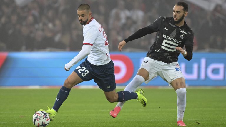 Lille's Edon Zhegrova challenges for the ball during the French League One soccer match between Lille and Rennes Sunday, Nov. 24, 2024. (Matthieu Mirville/AP)