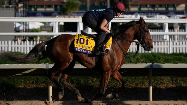 Jockey Rachel Richardson rides City of Troy ahead of the Breeders' Cup horse racing world championships Thursday, Oct. 31, 2024, in Del Mar, Calif. (Gregory Bull/AP Photo)