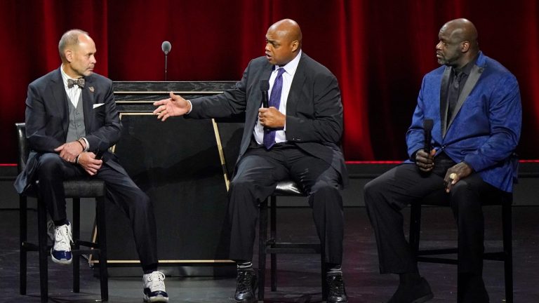 Broadcasters Ernest Johnson Jr., Charles Barkley, and Shaquille O'Neal talk about "Inside the NBA" as they are honored at the 2020 Basketball Hall of Fame awards tip-off celebration and awards gala, Friday, May 14, 2021, in Uncasville, Conn. (Kathy Willens/AP)
