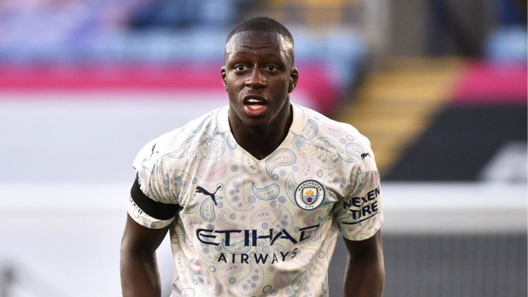 Manchester City's Benjamin Mendy during the English Premier League soccer match against Leicester City at the King Power Stadium in Leicester, England on Saturday, April 3, 2021. (Rui Vieira/AP Photo)