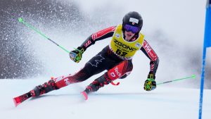 Sarah Bennett of Canada speeds down the course as she races in the women's World Cup giant slalom in Mont Tremblant, Que., Sunday, Dec. 3, 2023. (Sean Kilpatrick/CP)